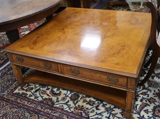 A large banded burr walnut square topped coffee table W.122cm